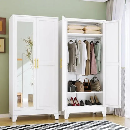 Metal Armoire Wardrobe Closet, 71" Tall Bedroom Closet with Mirror, Adjustable Shelves, and Hanging Rod, for Bedroom