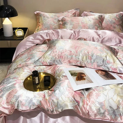 High-end Natural Mulberry Silky Blending Duvet Cover Set with Sheets,  Satin Blending, Silky Bedding Set,  Luxury Queen Bedding Sets