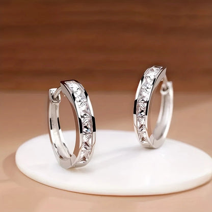 Classic Design Hoop Earrings,  Full with Princess Square CZ's.   Simple and Elegant Accessories Versatile Jewelry Perfect for MOTHERS DAY Gift