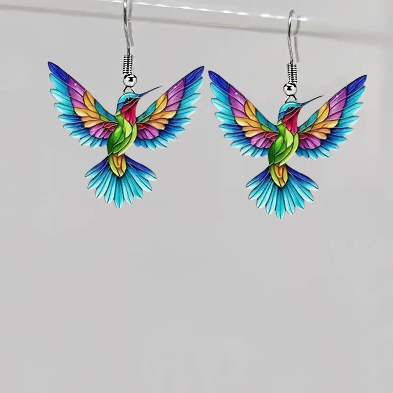 Acrylic Hummingbird Earrings For Women.  Retro Style Colorful Bird Drop Earrings.