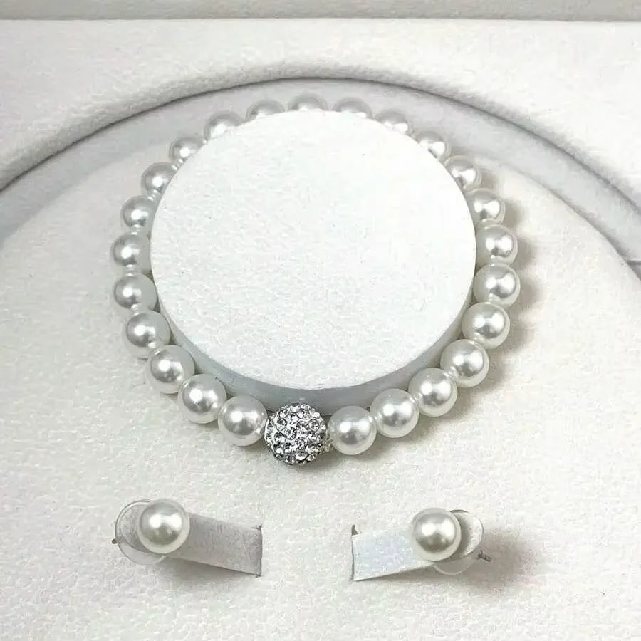 3 PC set Imitation Pearl Fireball Necklace Bracelet Earring Studs.  Jewelry Set is  .Silver Color Crystal Stone. Elegant for MOTHERS DAY