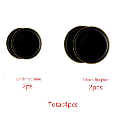 Gilt Rim Black Porcelain Dinner Plates,  Kitchen Dishes,  Ceramics,  Tableware Food Tray,  Rice, Salad, Noodles Bowl , Cutlery Set