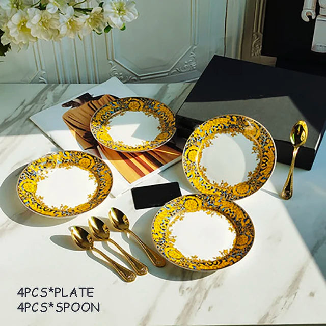 Golden Edge Luxury Tableware Set, Western Dinner Plate, Steak Flat Tray, Bone China Dinnerware Set, Coffee Cup, 10 ", 8" plates