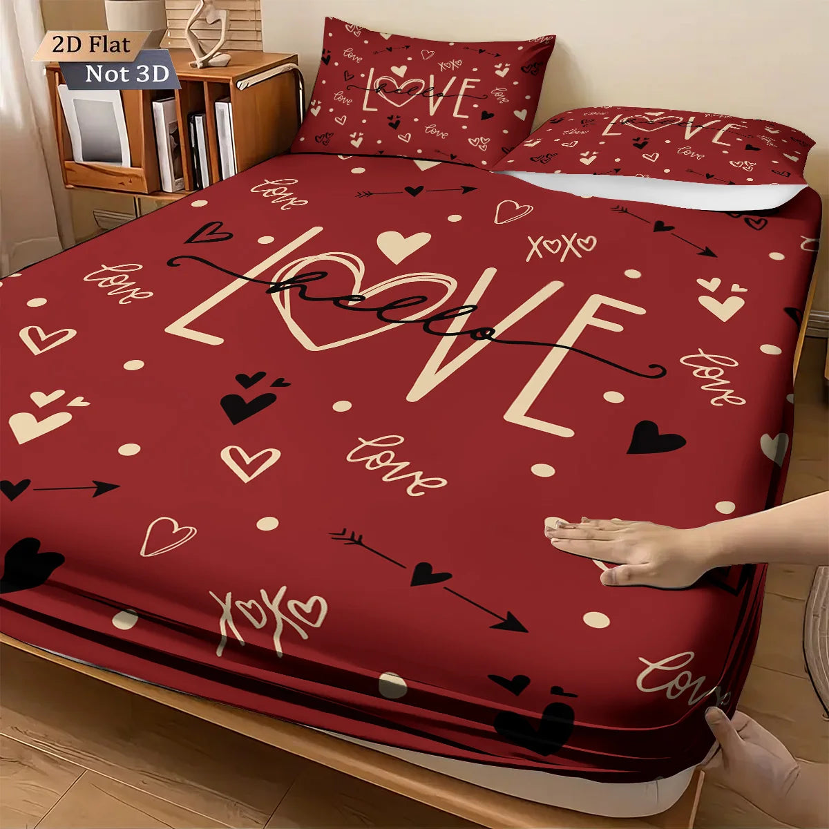 3pcs Valentine's Day Romantic Red LOVE Print.  Choreless Bed Sheet Set with Multi Size Bed Cover.