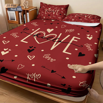 3pcs Valentine's Day Romantic Red LOVE Print.  Choreless Bed Sheet Set with Multi Size Bed Cover.