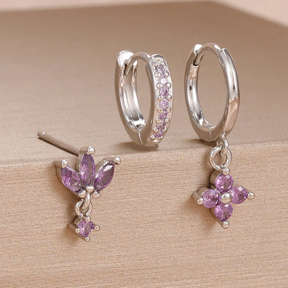3PCS Fashion Orange Blue Zircon Hanging Earrings Set for Women Stainless Steel Flower Dangle Earring Piercing Jewelry