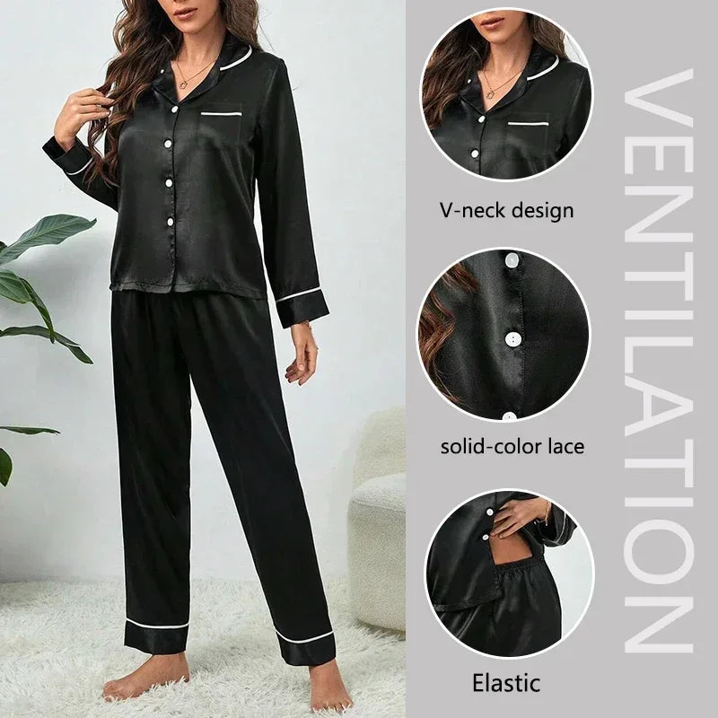 Spring Autumn Silk Pajamas Set for Women.  Casual,  Soft Nightwearwith  Long Shirt Tops and Long Pants Cardigan  Top