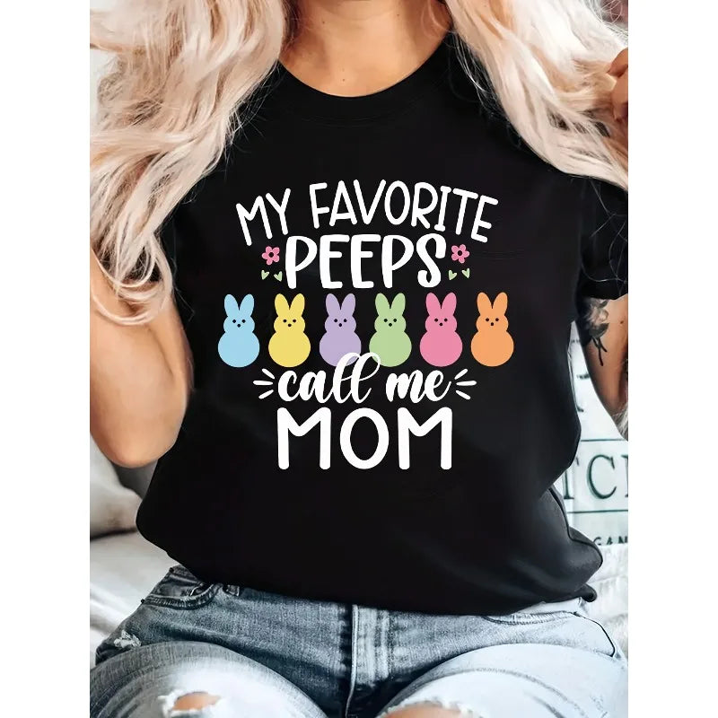 Easter Peeps Pattern, Fun Printed Women's Round Neck Short Sleeve T-shirt, Cotton Women's Loose T-shirt