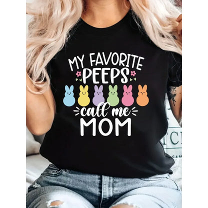 Easter Peeps Pattern, Fun Printed Women's Round Neck Short Sleeve T-shirt, Cotton Women's Loose T-shirt