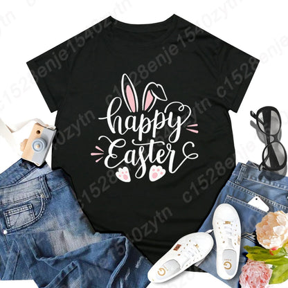 Cute Happy Easter Bunny Print T-Shirts  for Junior Women , Short Sleeve,  Round Neck Tee Shirt Casual,  Soft Summer,  Solid Color T Shirt /Tops