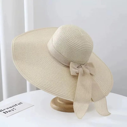 Summer Women's Large brimmed Straw Hat with Bow  and Wide BRIM.  Sunscreen,  Soft, Panama Hat, Foldable Beach Sunshade Hat