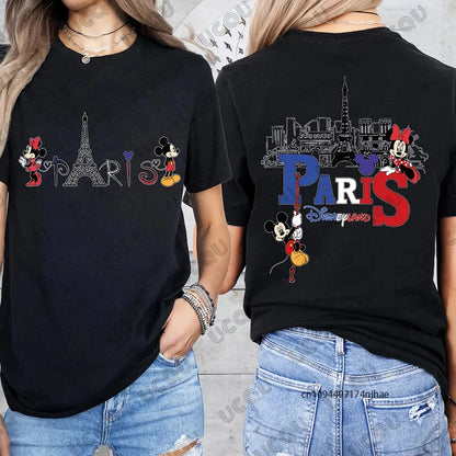 2026 Summer Mickey & Minnie Love Paris Print Mom and Dad Children Cotton T-shirt Short Sleeve Parent-Child Tees Casual Tops.  GREAT FATHERS DAY Gift   whether your taking that trip to Paris, or just wishing.