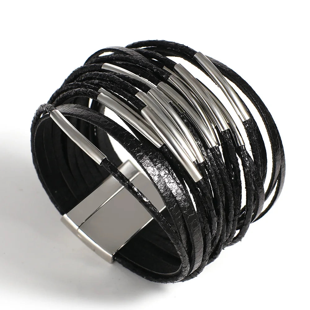 Trendy Metal Tube Leather Bracelet for Women /Men.  Chunky Glitter Filled Slim Multilayer Wrap Wide Bracelets. Nice JewelryGift