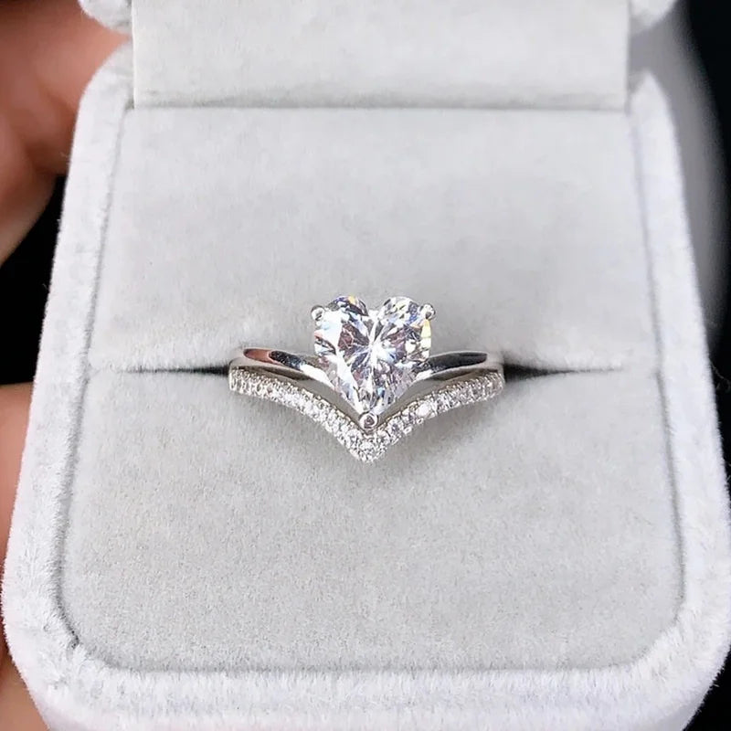 Delicate Silver Color  with White Zircon Stones.   Heart Rings for Women for Fashion, Bridal, Engagement, Wedding Ring Set