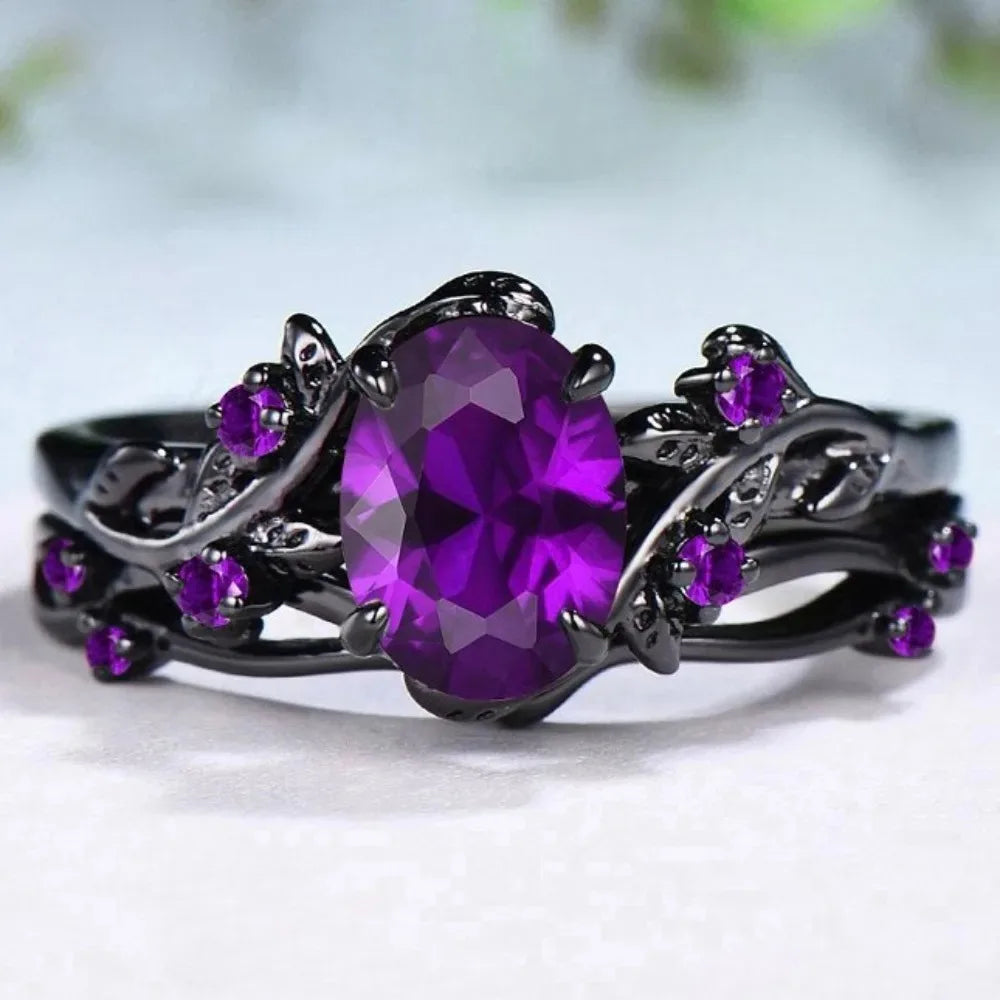 Charming Couple Rings.  Romantic Womens Purple Rhinestones CZ Rings Set.  Trendy Mens Stainless Steel Celtic Dragon Rings  for Weddings, Engagements and Occasions