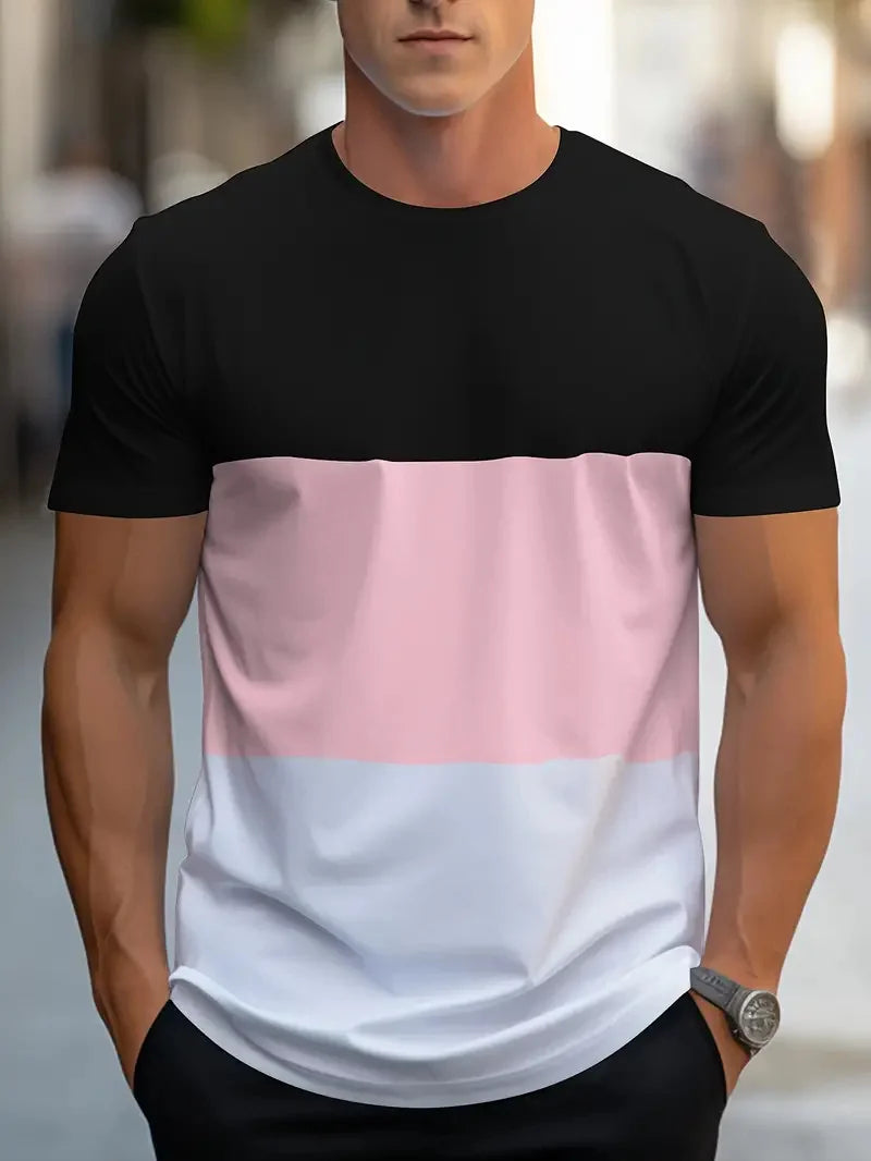 Summer fashion for  men.   Colorful,  geometric print pattern, leisure,  loose, street fitness,  high quality leisure men's T-shirt.  Nice FATHERS DAY choice!!!