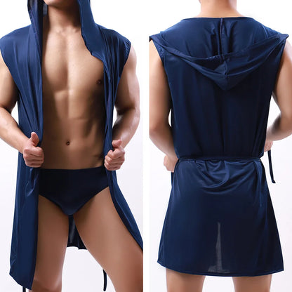 Men's Pajamas,  Sleeveless,  Oversized,  Silky,  Male Pajamas.   Hooded Bathrobe and Ultra-thin Homewear,  Bath Robe