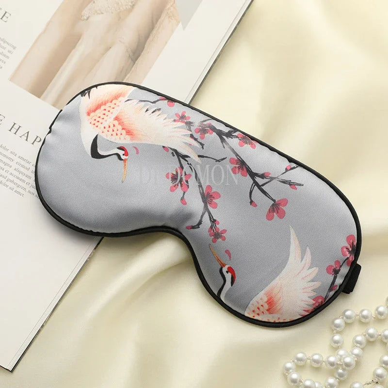 Silk Sleeping Eye Mask Cover For Women /Men.   Printed  Eyepatch,  Crane Blindfold,  Portable Sleep Night Mask,  Relax with Soft Eye Pad,