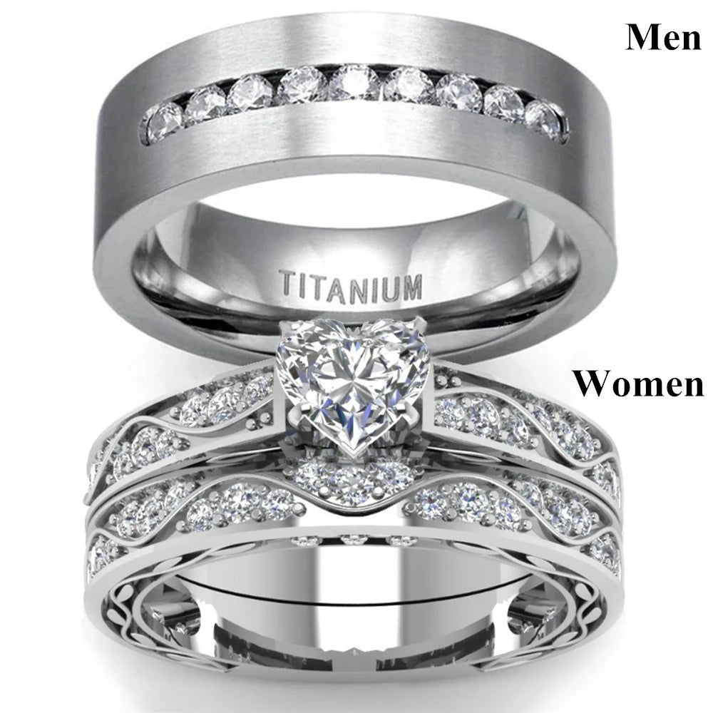 Fashion Couple Rings Men's CZ Stainless Steel Ring, Womens  Heart Cut Crystal Rhinestones Ring Set Wedding  Annniversary, Engagement Jewelry