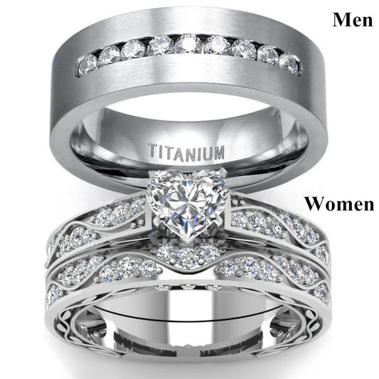 Fashion Couple Rings Men's CZ Stainless Steel Ring, Womens  Heart Cut Crystal Rhinestones Ring Set Wedding  Annniversary, Engagement Jewelry