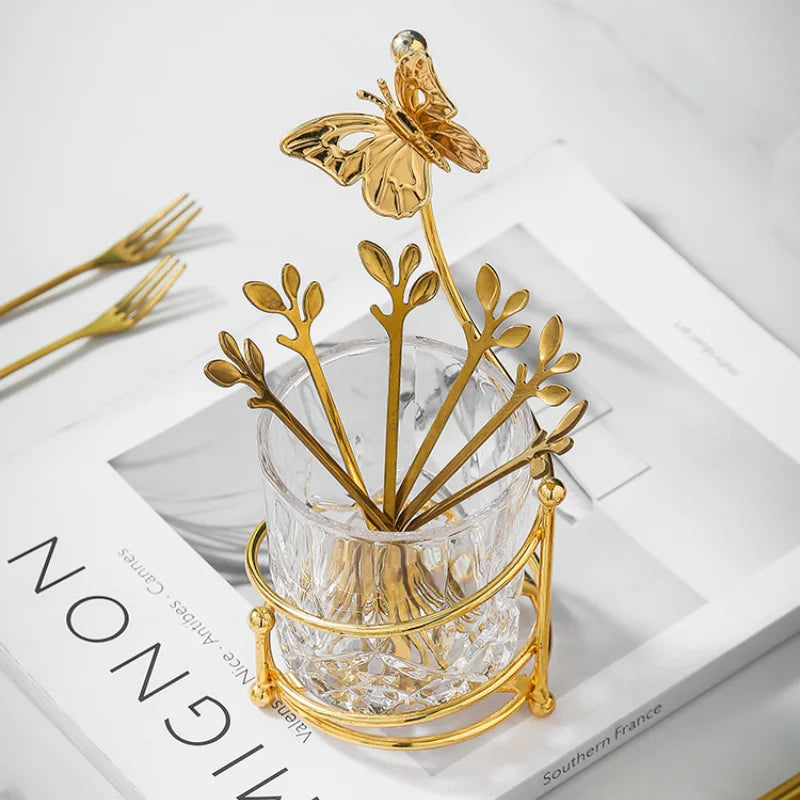 Stainless Steel Fruit Fork Spoon Set Tableware Storage Rack Golden Butterfly Cup Holder Home Dessert Cake Fork Home Decoration