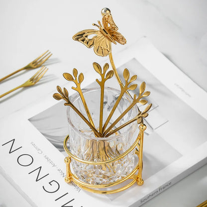 Stainless Steel Fruit Fork Spoon Set Tableware Storage Rack Golden Butterfly Cup Holder Home Dessert Cake Fork Home Decoration
