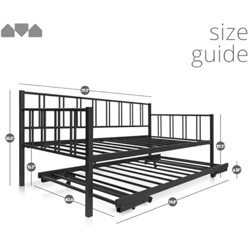 Hot selling productsTwin Daybed with Backrest and Pop-Up Trundle Set, Modern Black Frame – Daybed with Trundle (Mattresses Sold alone)