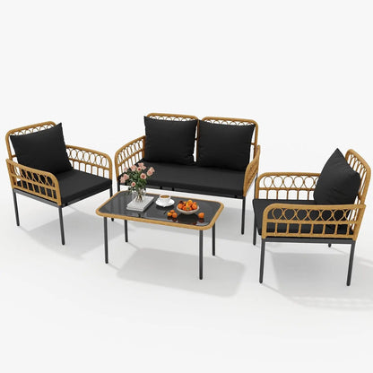 4 Piece Patio Furniture Set of  Wicker for  Outdoor Patio Table and Chairs Set with Glass Side Table, Loveseat Chairs, Boho Rattan