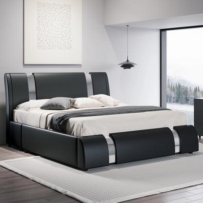 Modern Faux Leather Bed Frame with Iron Pieces  for Decor, Low Profile Platform Bed with Height-Adjustable Headboard