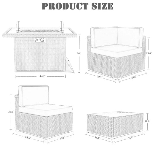 8 Piece Patio Furniture Set with 44" Propane Gas Fire Pit Table, Outdoor Sectional Wicker Sofa Sets with Coffee Table