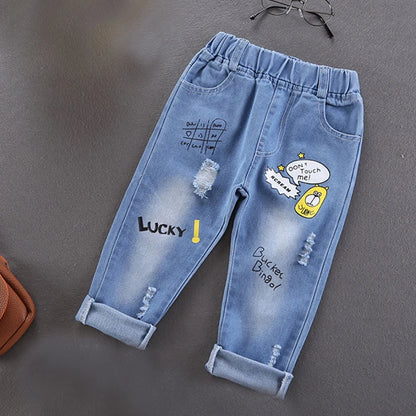 Children Jeans,   Boys Cotton Print Splice Stretch Denim Pants,  Teenage Trousers Wear,  Kids Clothing, Denim, Ripped,  Spring /Autumn