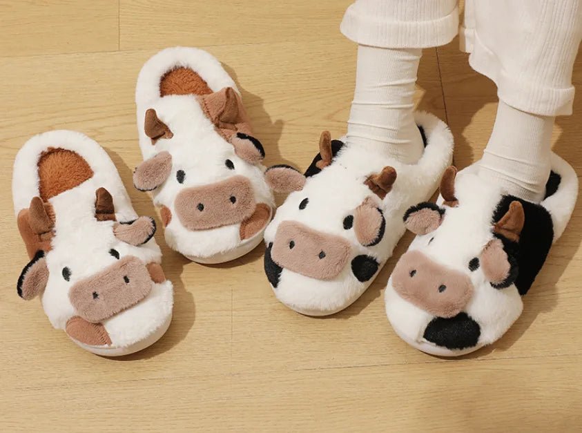 Winter Home Slippers for Warm Plush COMFORT FOR CHILDREN. NICE AND FRIENDLY Neutral Cartoon Cow for a little Indoor Fun. Anti-Slip for safety at Home.
