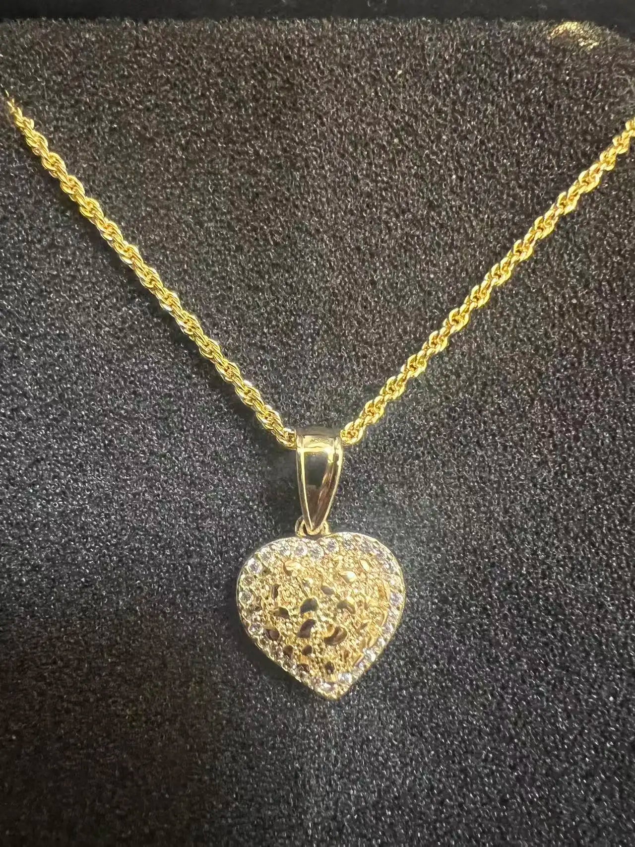 18K Gold Filled Rope Chain Necklace Nugget Heart Pendant
