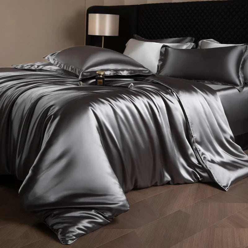 Silk Bed Sheets Set,   Luxury Bedding Set with Duvet Cover,  Fitted/Flat Bedsheet,  Pillowcases, Mixed with Rayon, King /Queen/ Full T/win