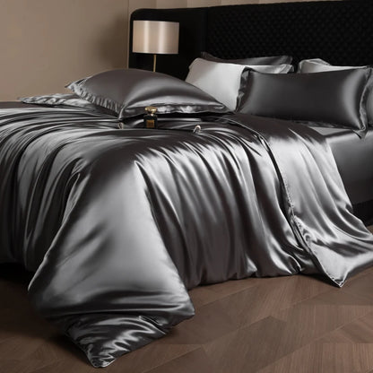 Silk Bed Sheets Set,   Luxury Bedding Set with Duvet Cover,  Fitted/Flat Bedsheet,  Pillowcases, Mixed with Rayon, King /Queen/ Full T/win