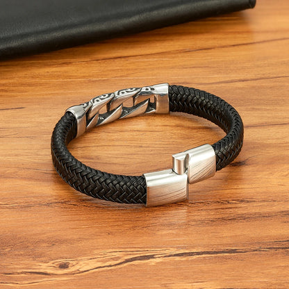 Stainless Steel Men's /Women Bracelet.   Woven Leather  with  Magnetic Buckle.  Business Jewelry/ Accessory /Gifts