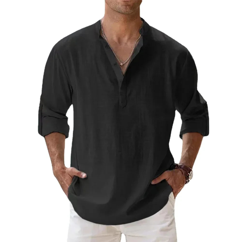 Cotton Linen Hot Sale Men's Short-Sleeved Shirts.  Summer Solid Colors Henley Collar Casual Beach Style Hawaiian Vacation