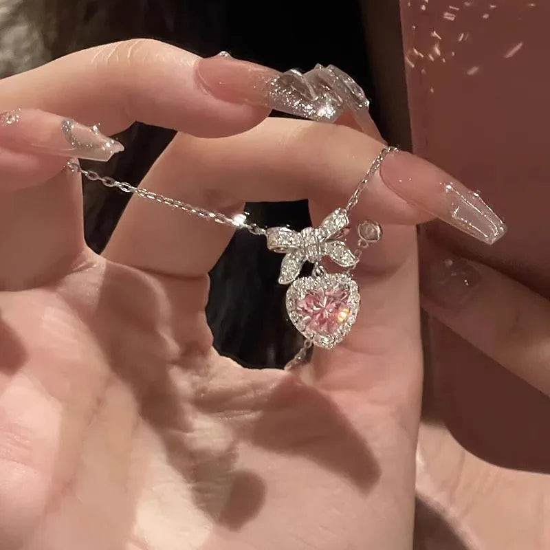 Fashion Pink Crystal Heart Bow Tie Pendant Necklace. Silver Color Chain.  Necklace for Women on Valentines for Aesthetic Jewelry
