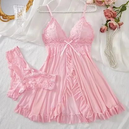 Sexy Lace Lingerie Set for Women, Red Hot Sleepwear Nightdress with Matching Panties, V-Neck Sheer Lace Camisole, Romantic Night