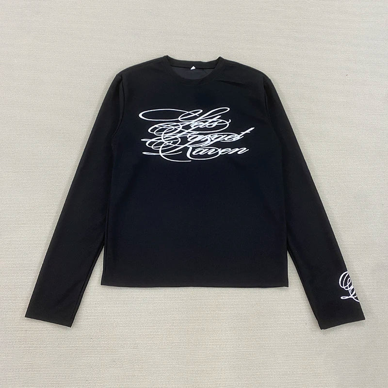 American Dark Retro Printed Long Sleeved T-Shirt,  High Street Trendy Top for Casual Wear