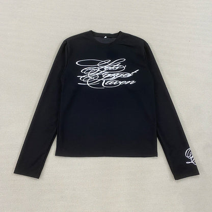 American Dark Retro Printed Long Sleeved T-Shirt,  High Street Trendy Top for Casual Wear