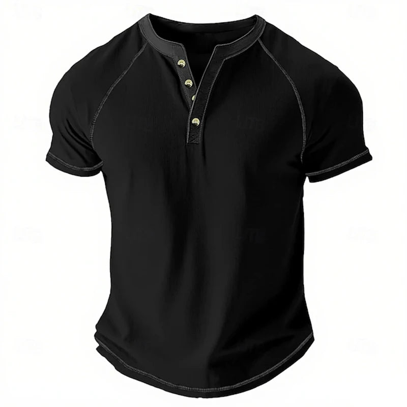 Retro Men's Button-Down T-Shirt  (HENLEY-STYLE), Minimalist Print T-Shirt,  Loose-Fit,  Casual Summer Shirt,  Stylish Streetwear Men.