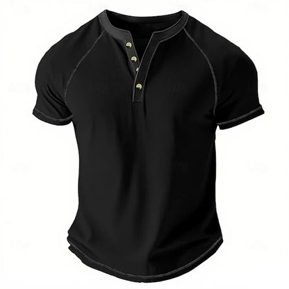 Retro Men's Button-Down T-Shirt  (HENLEY-STYLE), Minimalist Print T-Shirt,  Loose-Fit,  Casual Summer Shirt,  Stylish Streetwear Men.