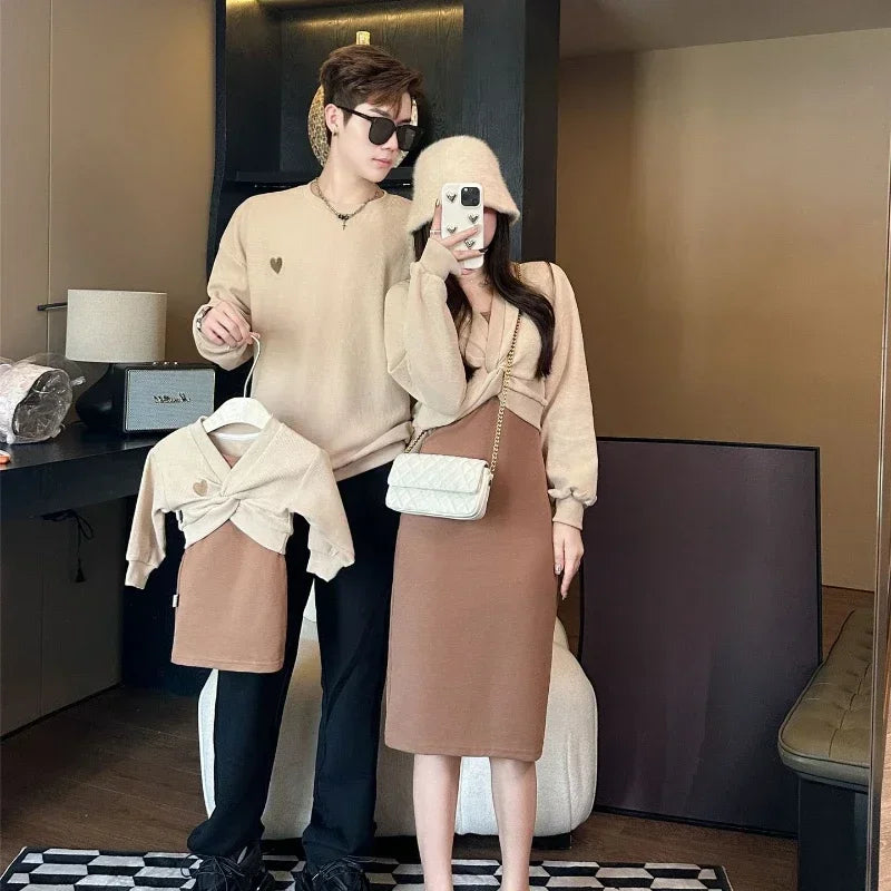 Family Clothes/ Mother Long Sleeve Dress,  Two Winter Warm Pieces for Daughter,  Tops+sling Outfit Father, Son,  Kids,  Sweatshirts,  Baby Romper