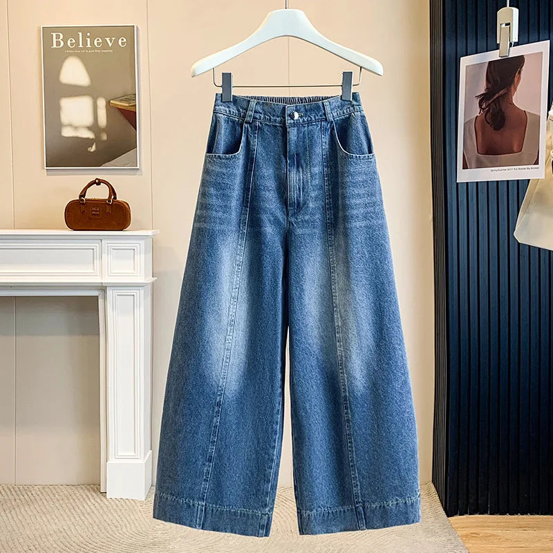 Loose American Style of Denim,  Seven-Five Point Pants,  Womens Summer 2026 Light Blue Small Size Straight Leg,  Slimming Casual Eight-Point  Pant.