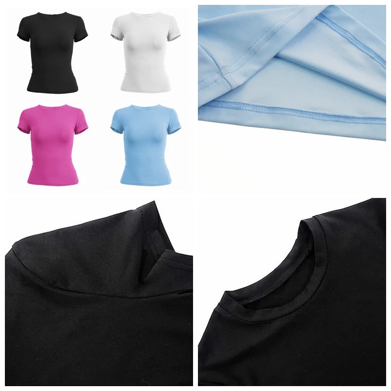 Womens tight fitting, sporty TEE Shirt in several solid colors.