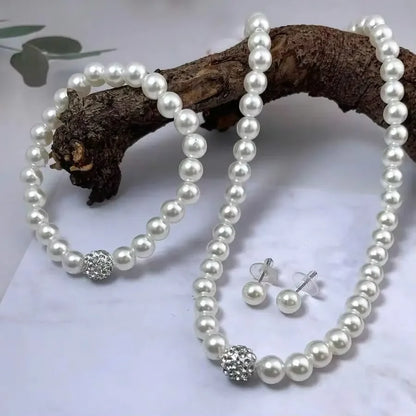 3 PC set Imitation Pearl Fireball Necklace Bracelet Earring Studs.  Jewelry Set is  .Silver Color Crystal Stone. Elegant for MOTHERS DAY