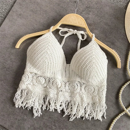 Women's Boho Fringe Backless Halter  with Tie Neck. Underwear /Outerwear with Neck Hanging Embroidery Tassel Suspender Short Tank WHITE is all gone.  Good stock  numbers on BEIGE Color.