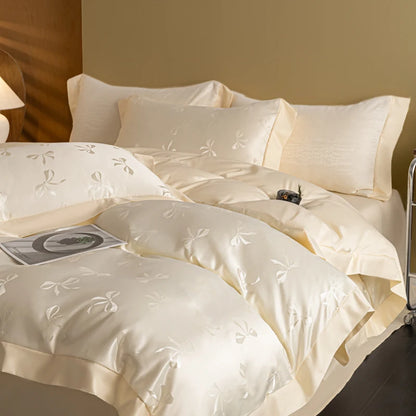 European Luxury Jacquard Ice Silk Duvet Cover Set,  Fashion Bow Pattern Queen King Bedding Set Skin Friendly Comforter Cover Set