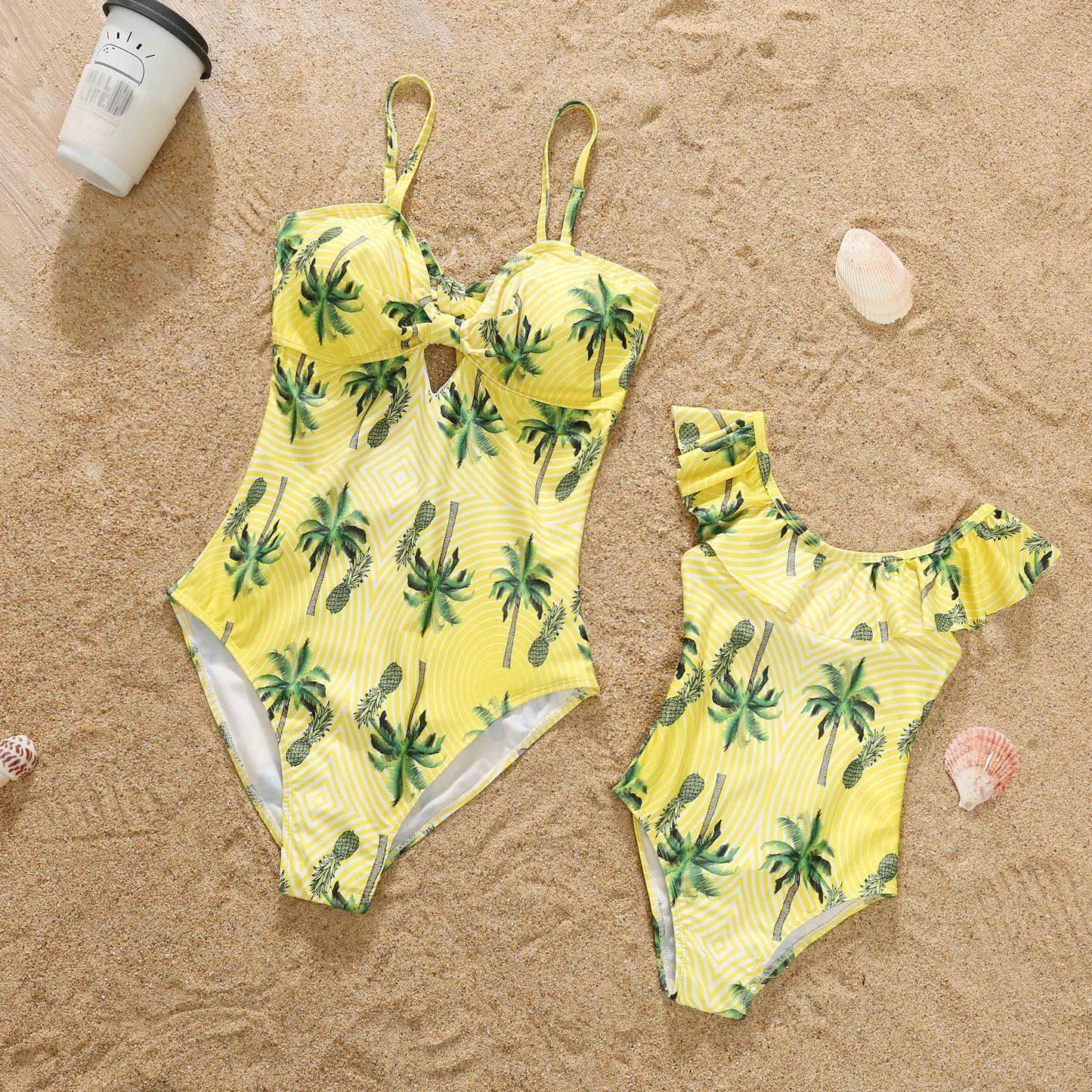 Matching  Family Outfits,.   Coconut Tree Print Holiday Look.  Beachwear for  Adults/ Kids.   Swimsuits for  Women /Girls. One-piece Suit for  Men /Boys Shorts